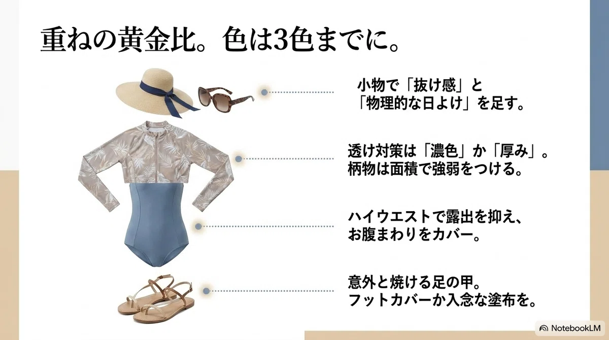 海で焼きたくない日:色柄選びで「今っぽさ」と「垢抜け」を両取りの図解