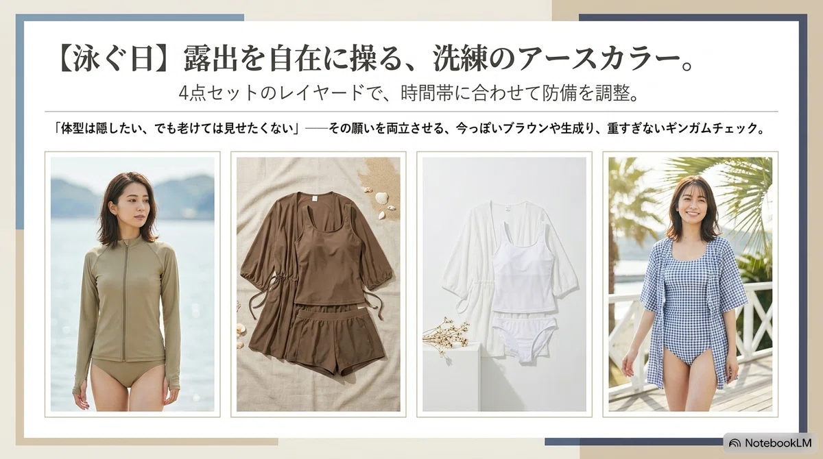 海で焼きたくない日:泳ぐ日の実例/泳がない日の実例の図解