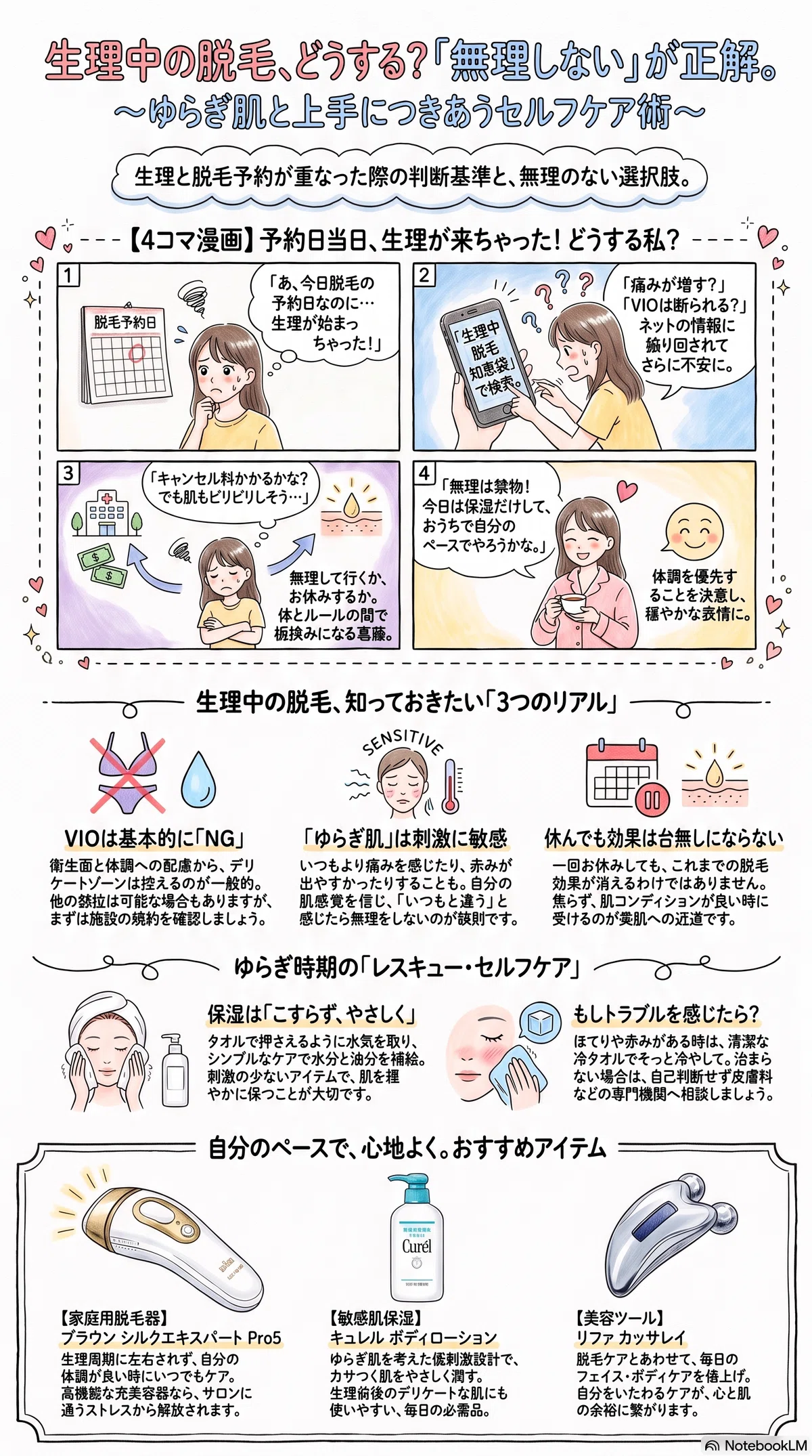 生理中の脱毛の要点をまとめたインフォグラフィック