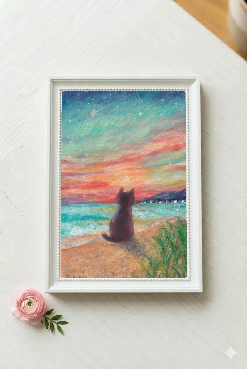 黄昏の渚と星の瞬き｜8月の原画｜季節を旅する猫とパステルの絵