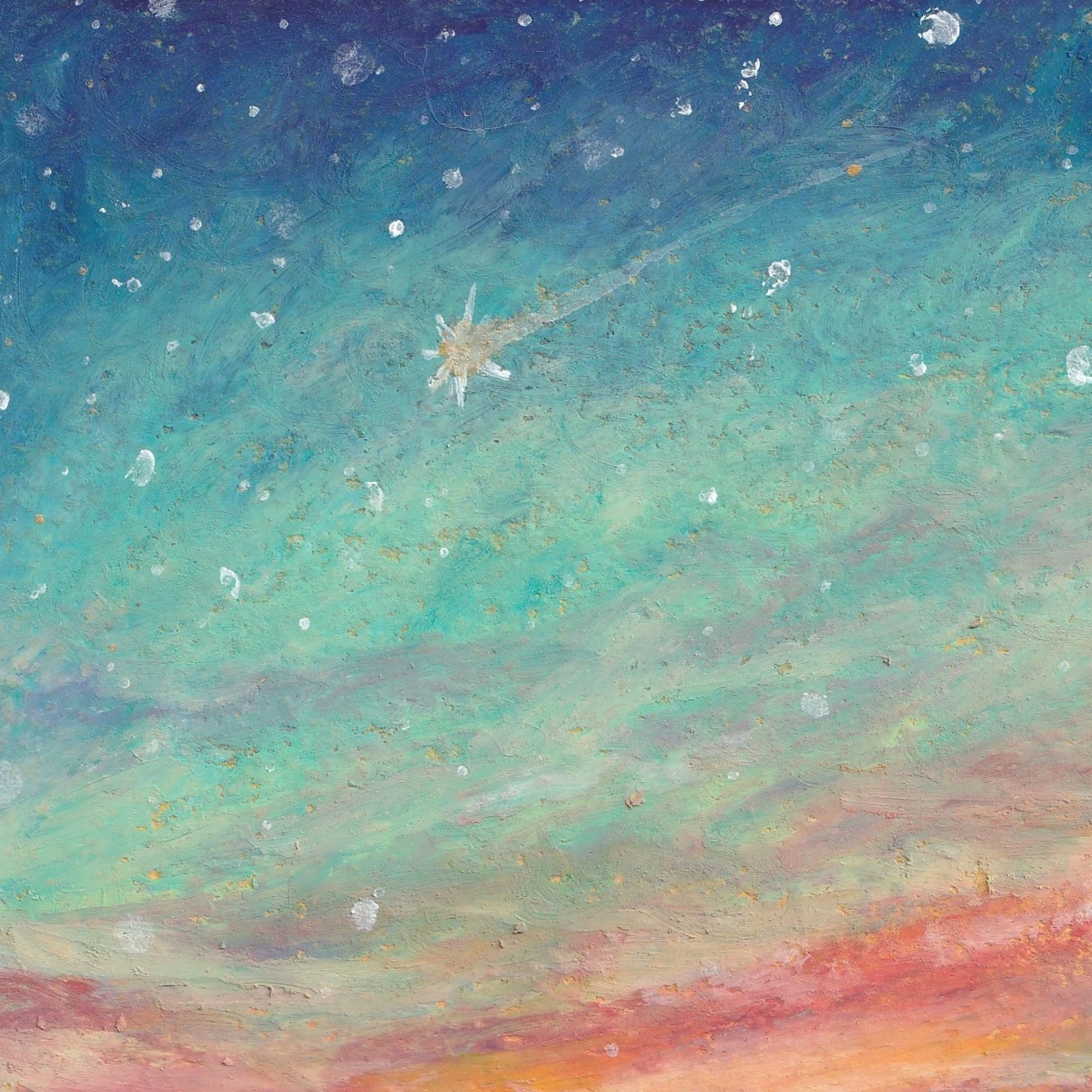 黄昏の渚と星の瞬き｜8月の原画｜季節を旅する猫とパステルの絵