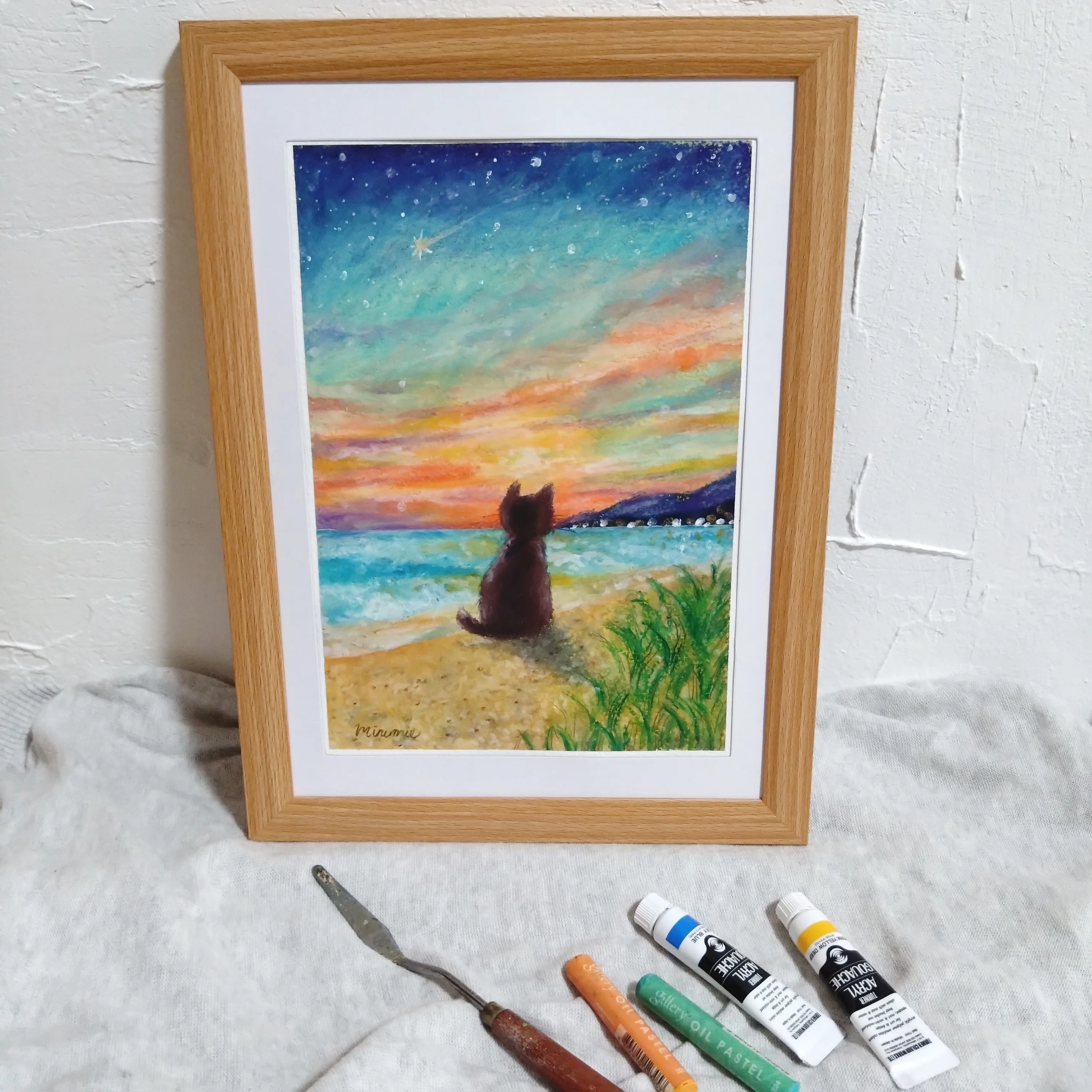 黄昏の渚と星の瞬き｜8月の原画｜季節を旅する猫とパステルの絵