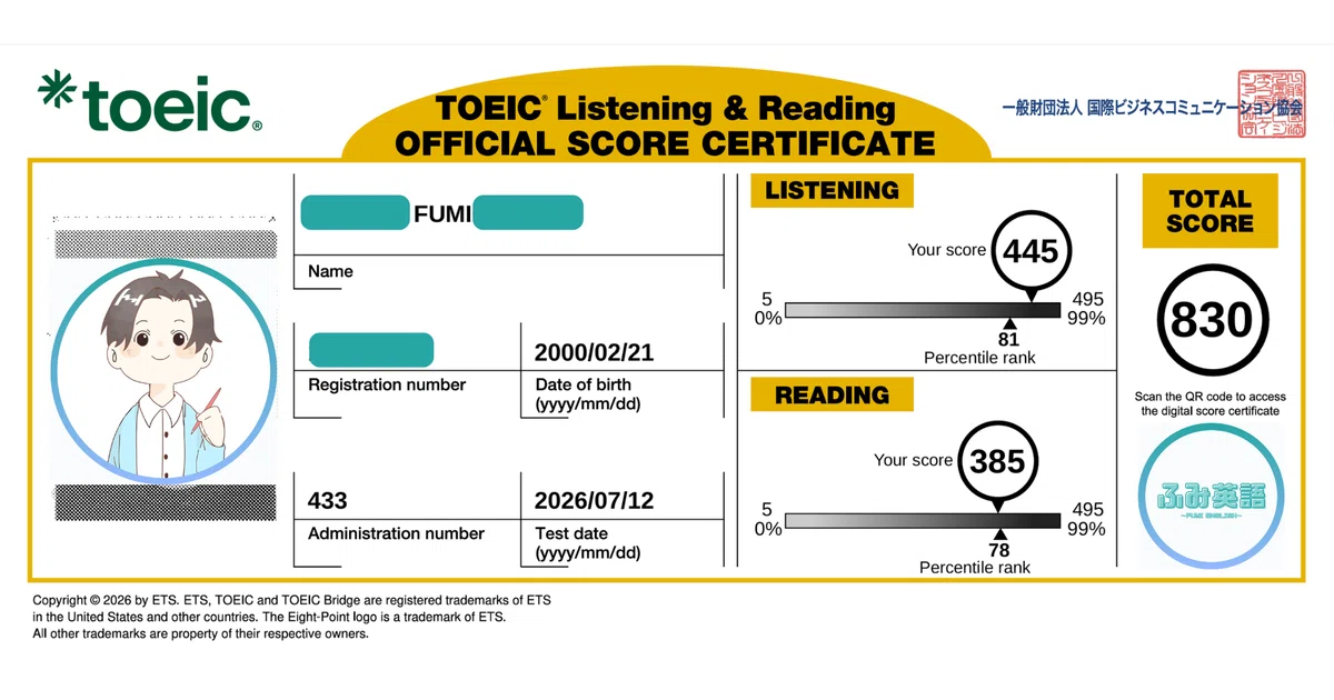 TOEIC 810 to 830. By lining up two ABIMEs, I was able to narrow