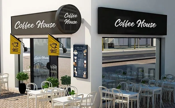 カフェの入口に店舗コンセプトに合う看板を配置した例｜誉PRINTING
