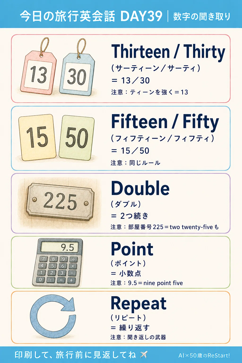 50代旅行英会話メモ｜Day39 数字の聞き取りの英語｜Zubora｜AI×50歳の