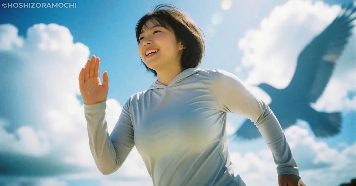 浜辺を笑顔で走る女性の画像。