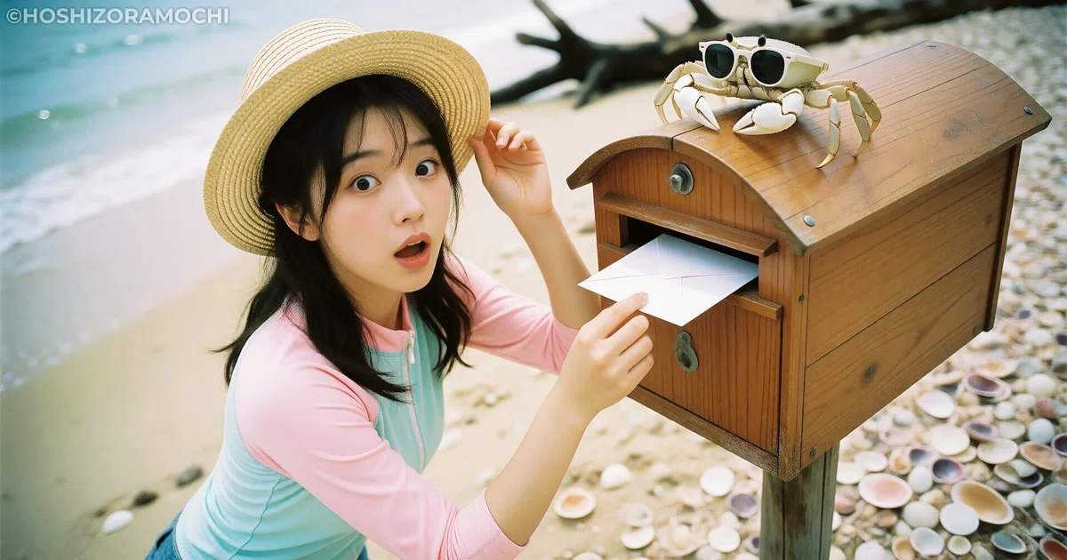 浜辺のポストに手紙を入れようとする女性。ポストの上にサングラス姿のカニが座っている。
