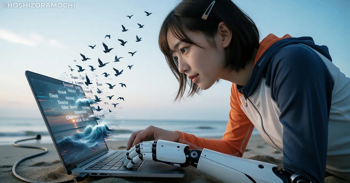 浜辺でノートパソコンに向かう女性。片手がロボットアームになっている演出、画面から言葉が鳥になって飛び立つ。