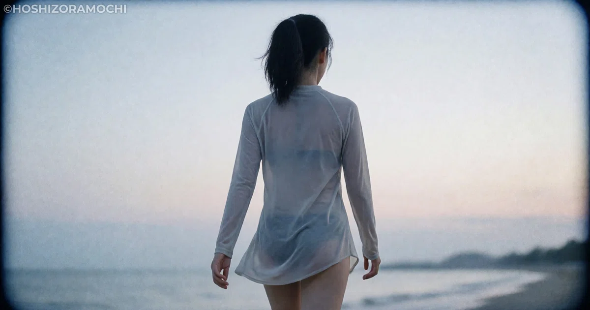 夕暮れの浜辺を歩き去る女性の後ろ姿。