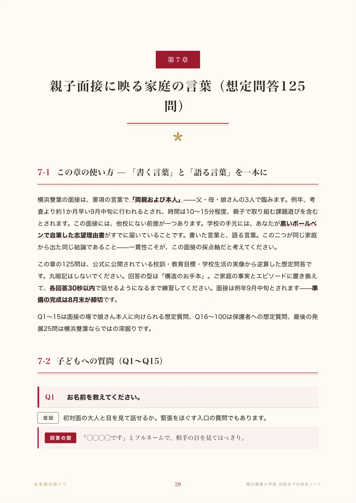 横浜雙葉小学校】面接・願書・入試対策 想定問答125問｜2027年度小学校