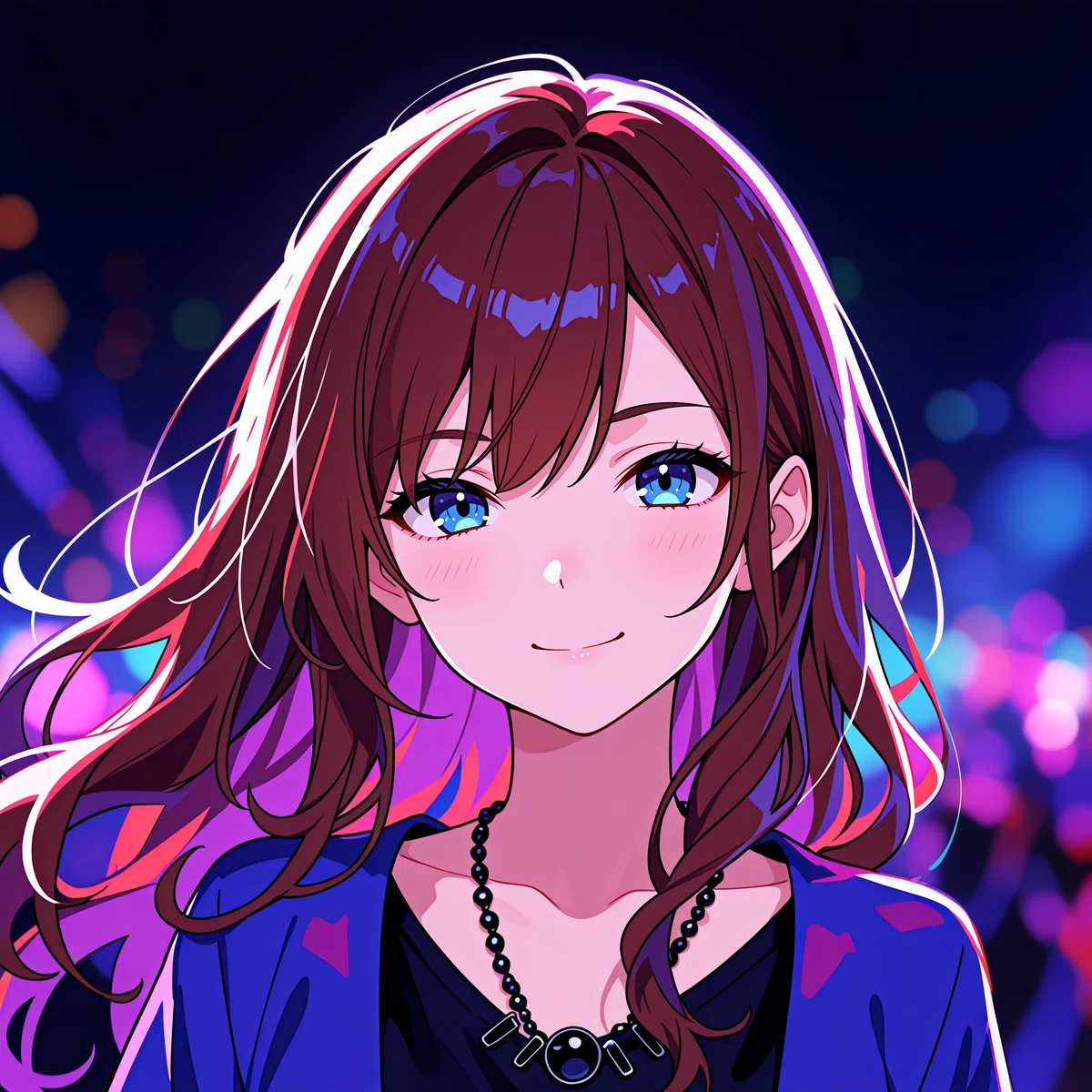 紫とピンクのハイライトが入った茶色の髪、青い瞳のアニメ少女が微笑むイラスト。背景はネオンのボケ