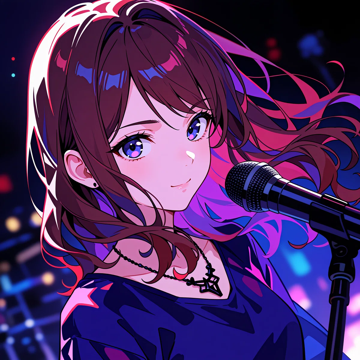 ネオンライティングの下でマイクの前に立つを持つ茶色とピンクの髪のアニメ少女のイラスト