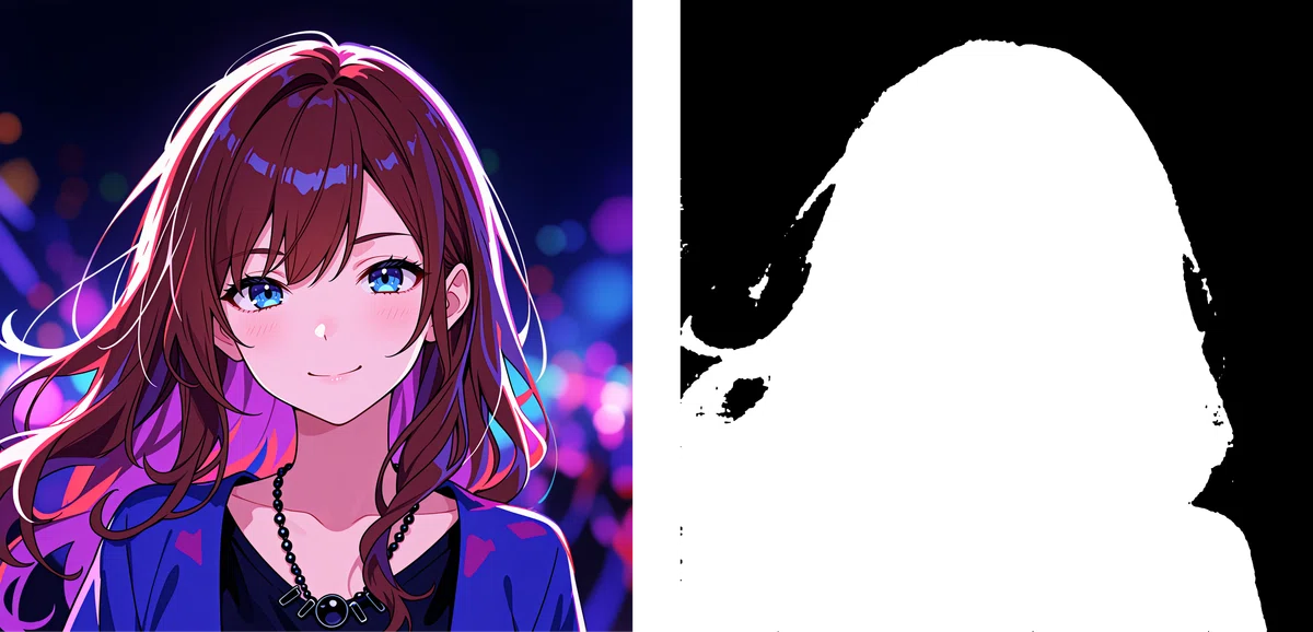 左側に元のアニメ少女イラスト、右側に人物領域が白く塗りつぶされたマスク画像