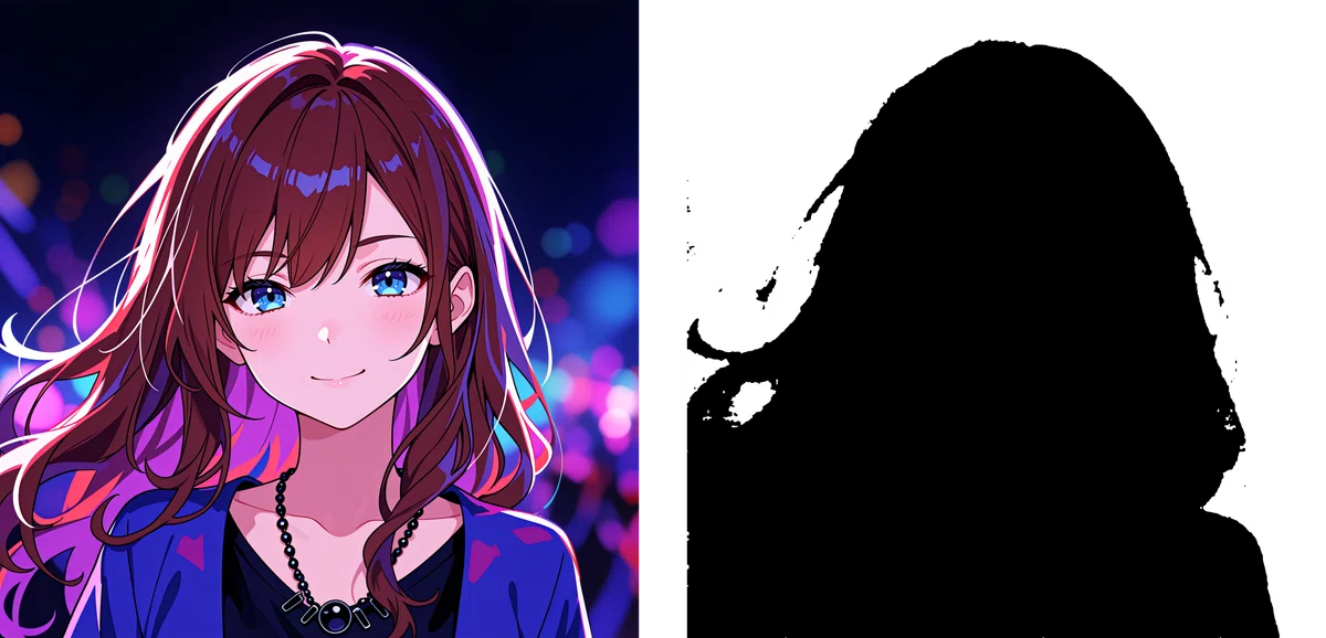 左側に元のアニメ少女イラスト、右側に背景が白く人物が黒い反転マスク画像