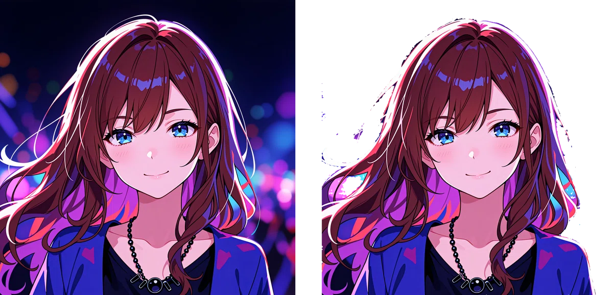 左側に元のアニメ少女イラスト、右側に背景が透明になった切り抜き画像