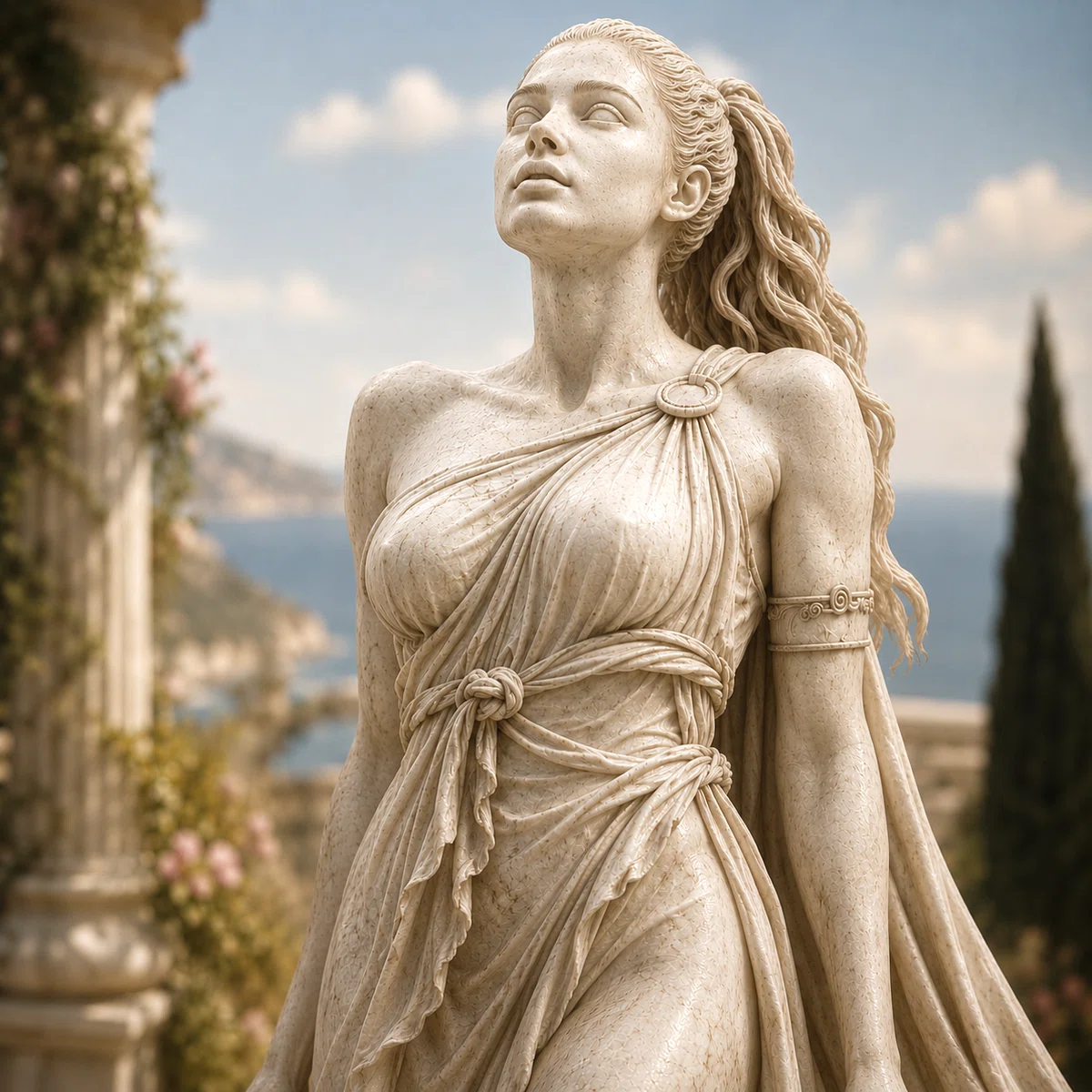 古代ギリシャ風のドレープ衣装を身にまとった女性の、緻密でリアルな大理石調の彫刻。彼女は穏やかな表情で上空を見上げている。背景は少しぼやけており、ピンクのバラが絡まる柱、青い海、そして高くそびえる糸杉の木がある地中海風の海岸の風景が描かれている。