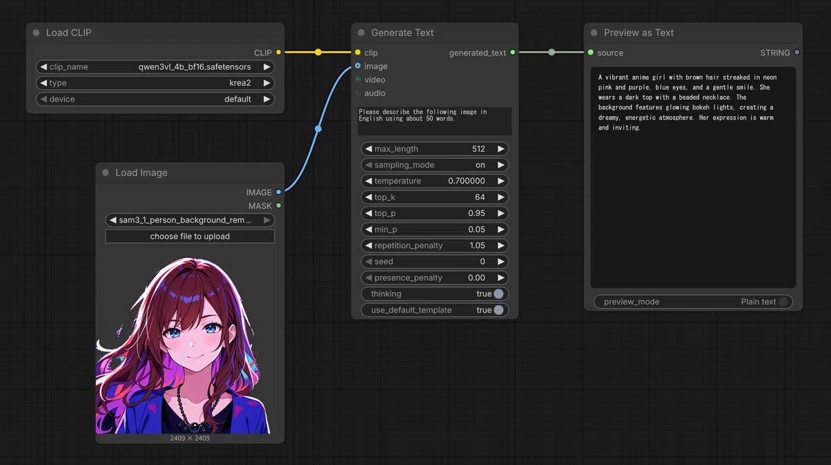 ComfyUIでQwen3-VLを使って画像キャプションを生成するワークフロー図。Load CLIP、Load Image、Generate Text、Preview as Textのノード構成