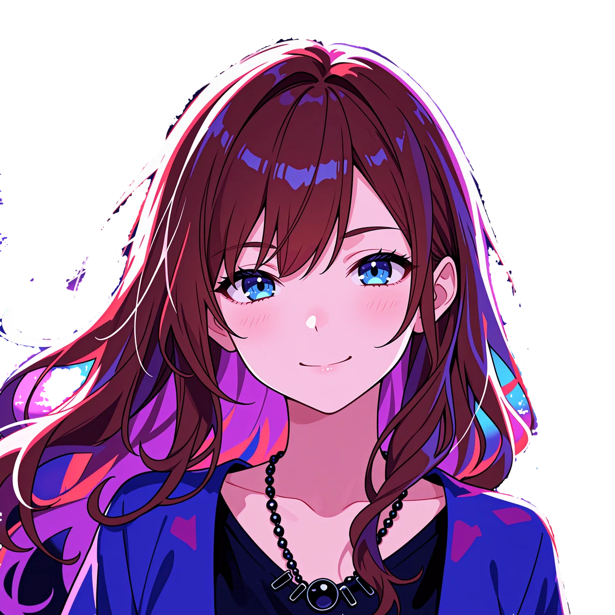 背景が透明になった、茶色とピンク紫の髪のアニメ少女の上半身イラスト"