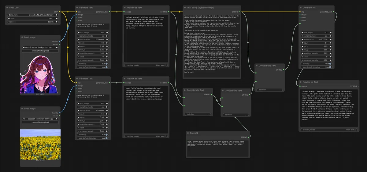 2枚の画像からQwen3-VLでプロンプトを生成するComfyUIワークフロー図。複数のGenerate TextとConcatenate Textノードが並ぶ