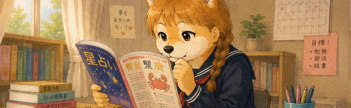 占いを真剣に読む赤柴の画像