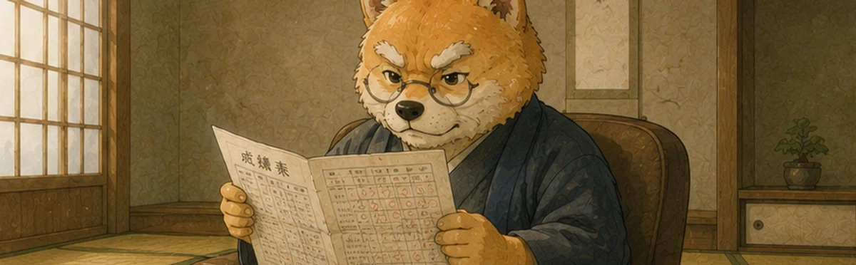 孫の成績表を見る祖父柴犬