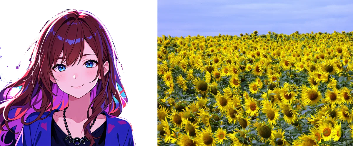 左側に背景除去したアニメ少女イラスト、右側にひまわり畑の写真の入力画像を並べた図