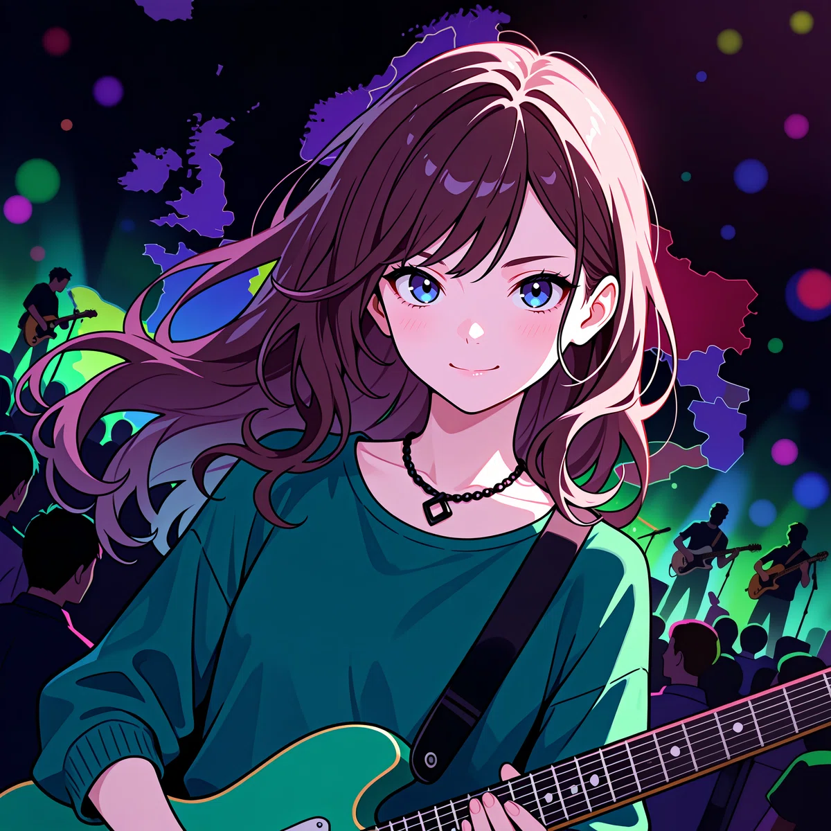 ステージで緑のギターを弾くアニメ少女のイラスト
