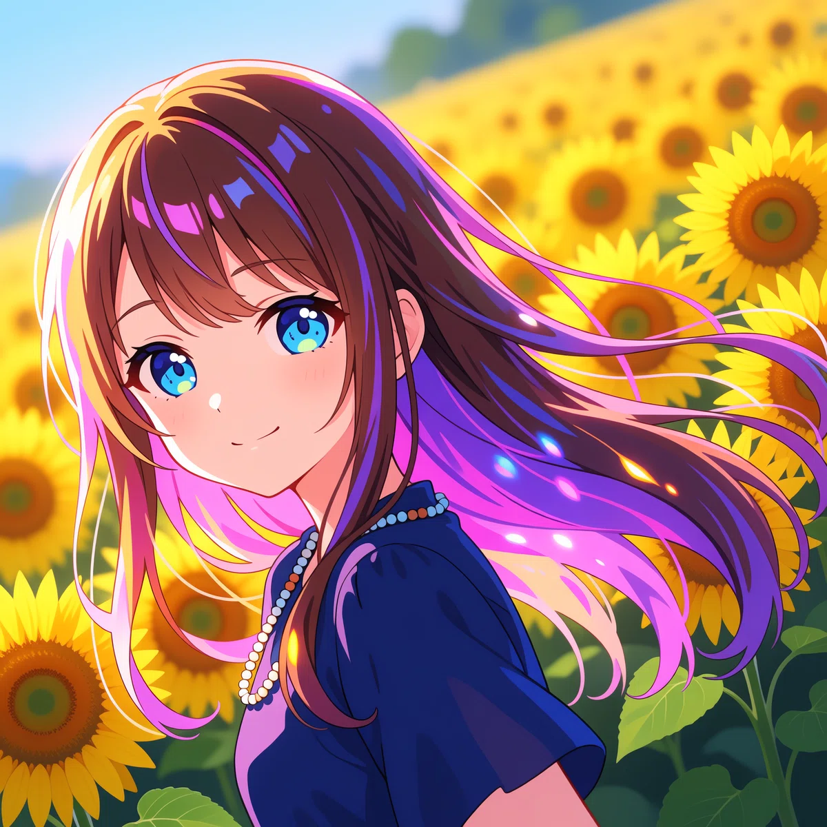 ひまわり畑を背景に立つ、長い茶色とピンク紫の髪のアニメ少女の生成イラスト。元気で明るい雰囲気