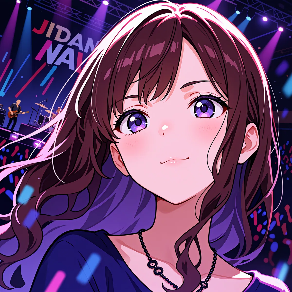 バンドのステージのライトの下でこちらを見下ろす茶色とピンクの髪のアニメ少女のイラスト、顔のアップ