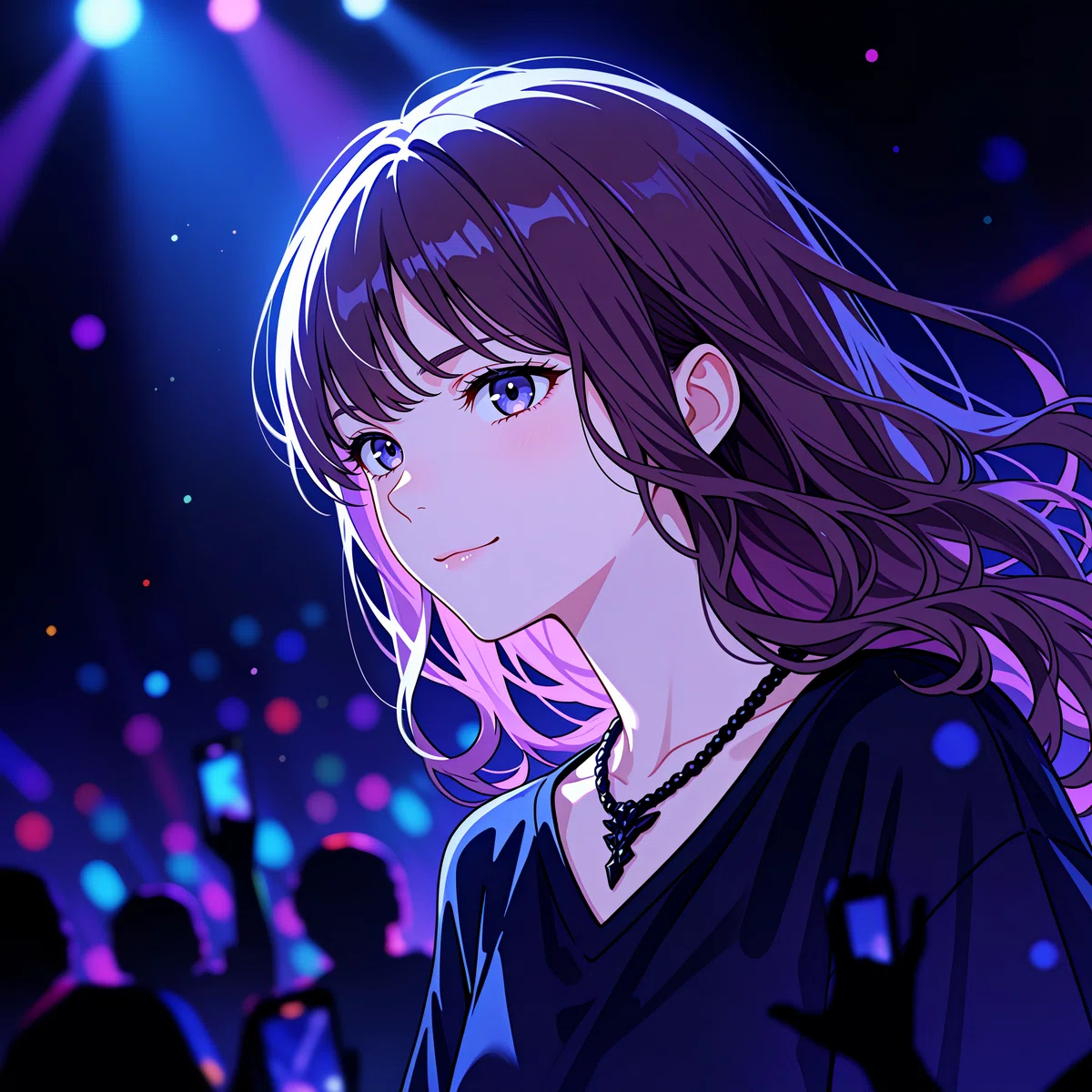 観客のスマホのライトに照らされたステージで微笑むアニメ少女のイラスト
