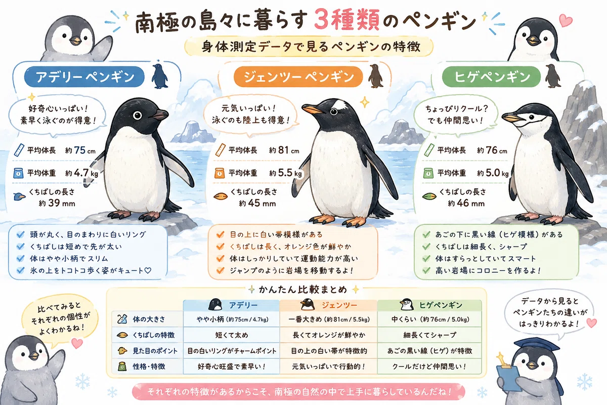 3種類のペンギンの特徴をイラストと文章で紹介