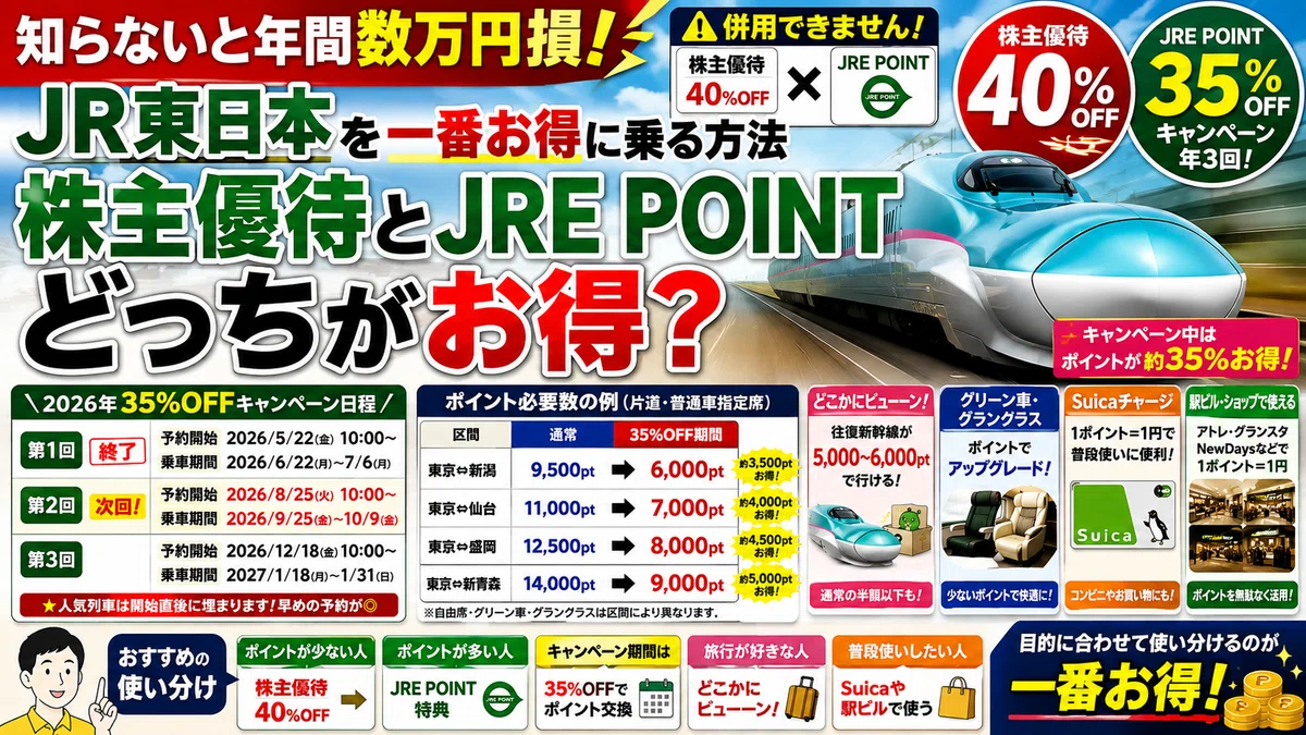 JR東日本を一番お得に乗る方法知らないと年間数万円損！株主優待40
