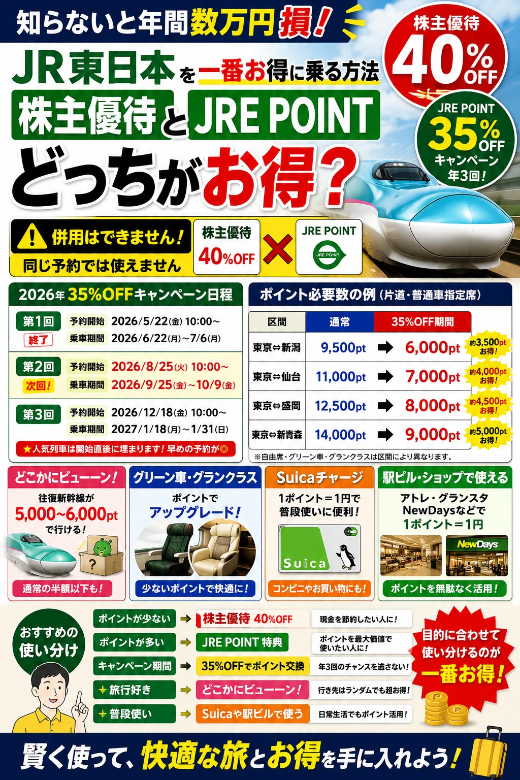 JR東日本　株主優待 JR東日本を一番お得に乗る方法知らないと年間数万円損！株主優待40