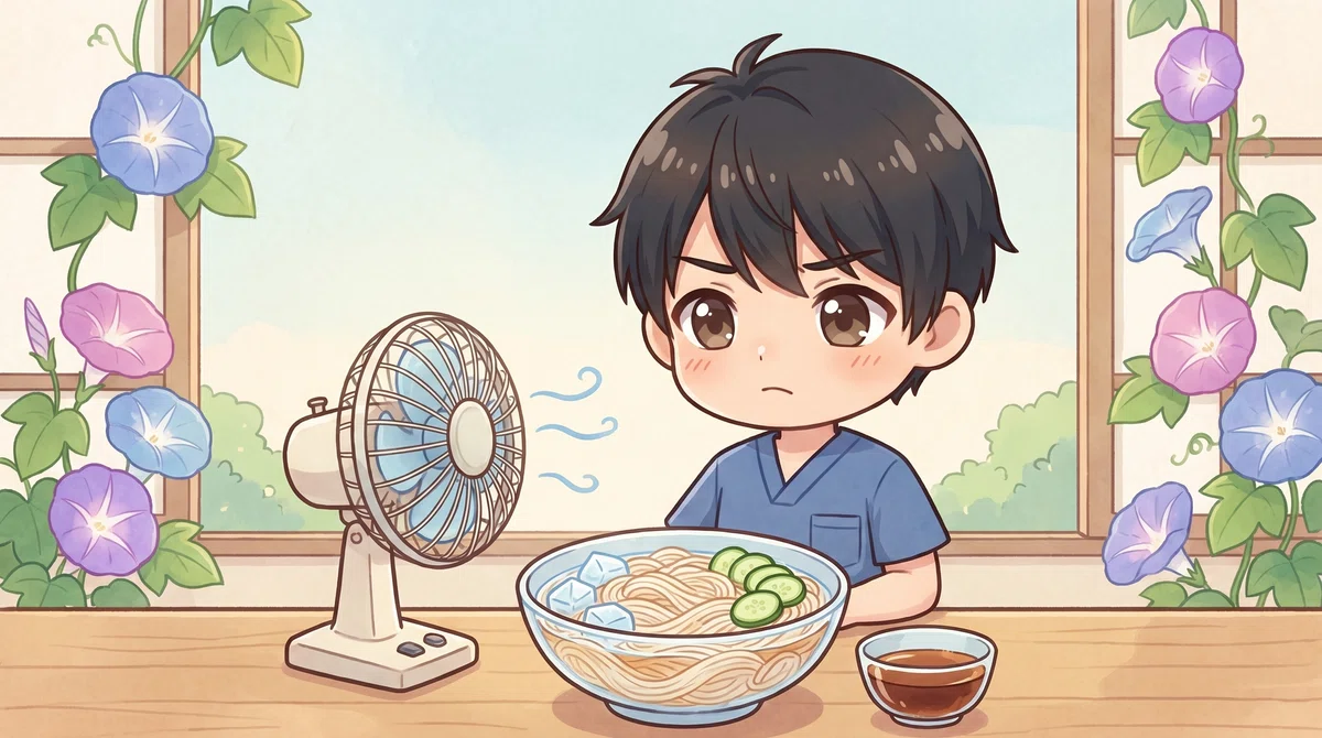 かわいい版のゆら院長が、冷たいそうめんを前に、食が進まない様子で座っているイラスト。