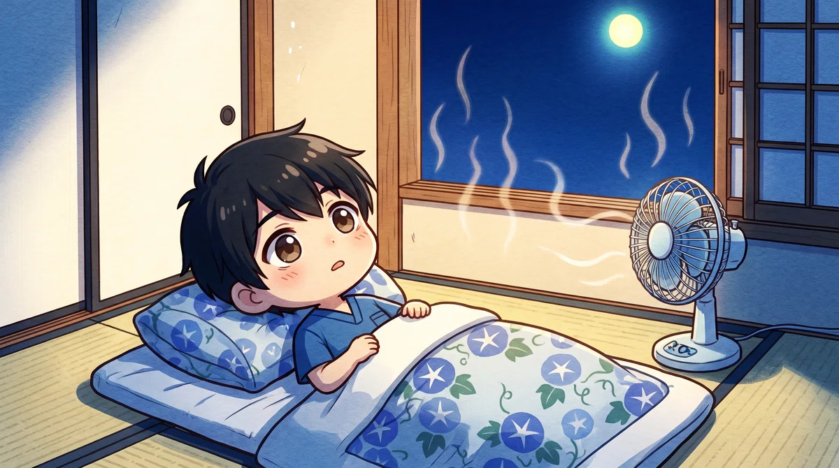 かわいい版のゆら院長が、夜の布団の中で目を開けたまま横になっているイラスト。扇風機が回り、窓の外の夜空には熱気が揺れている。