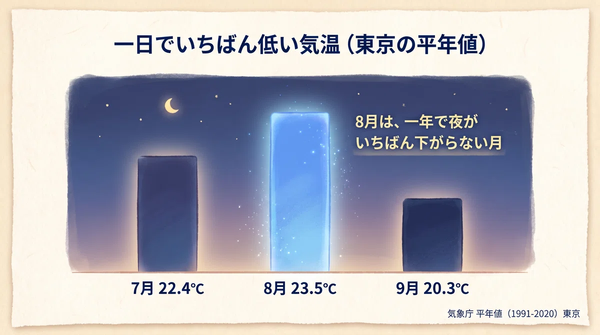 東京の平年値による、月ごとの一日の最低気温の棒グラフ。7月22.4℃、8月23.5℃、9月20.3℃で、8月がもっとも高い。8月は一年で夜がいちばん下がらない月であることを示している。