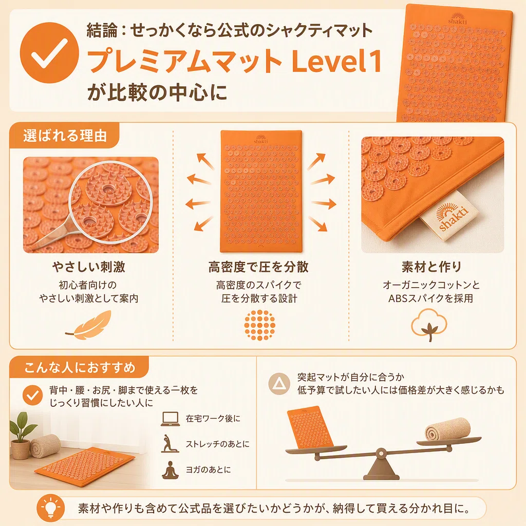 シャクティマットを前にした私が、痛みと続けやすさを見比べて決める