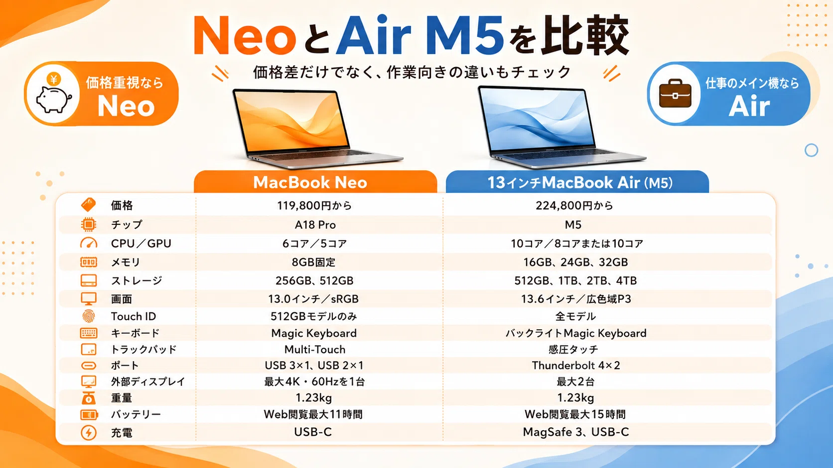 MacBook NeoとAirの違いを比較｜安いNeoで十分な人と選び方｜スマニア