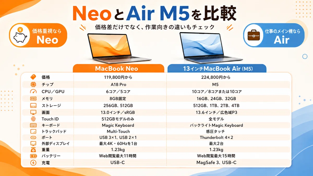 MacBook NeoとAirの違いを比較｜安いNeoで十分な人と選び方｜スマニア