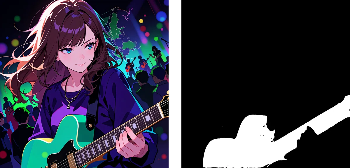 SAM 3.1 モデルで guitar を検出している様子を示したzy、左がオリジナルの画像で右が検出した領域