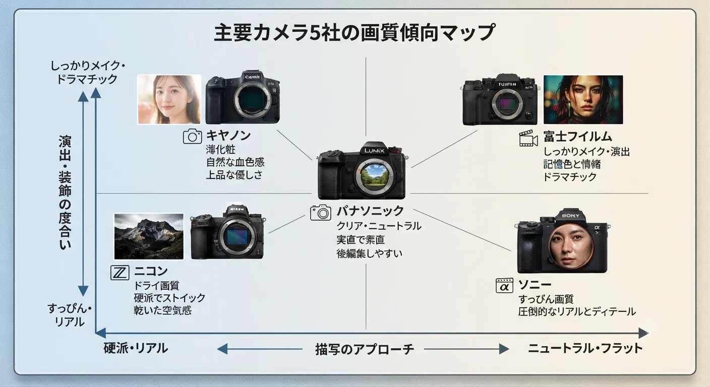 一眼カメラ5社（フジ、ソニー、キャノン、パナソニック、ニコン）の