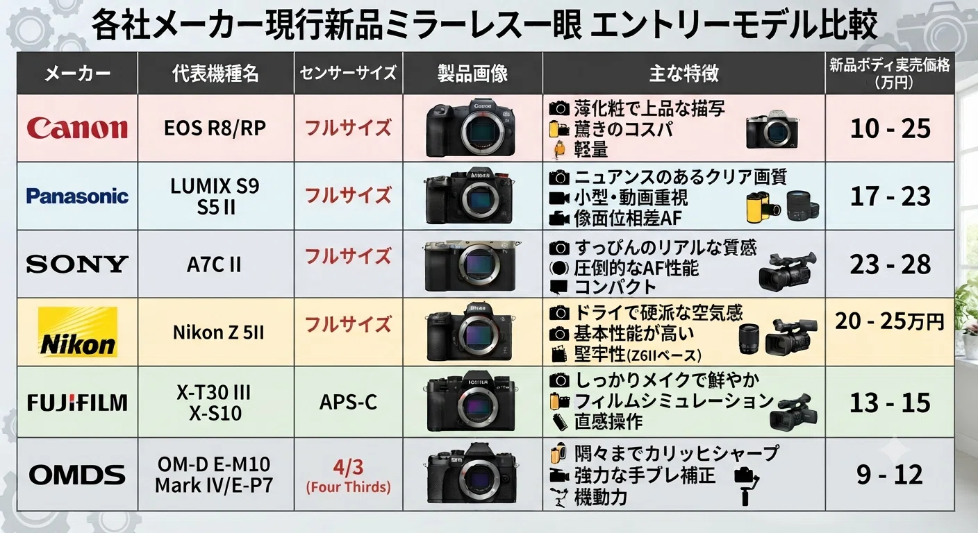 一眼カメラ5社（フジ、ソニー、キャノン、パナソニック、ニコン）の