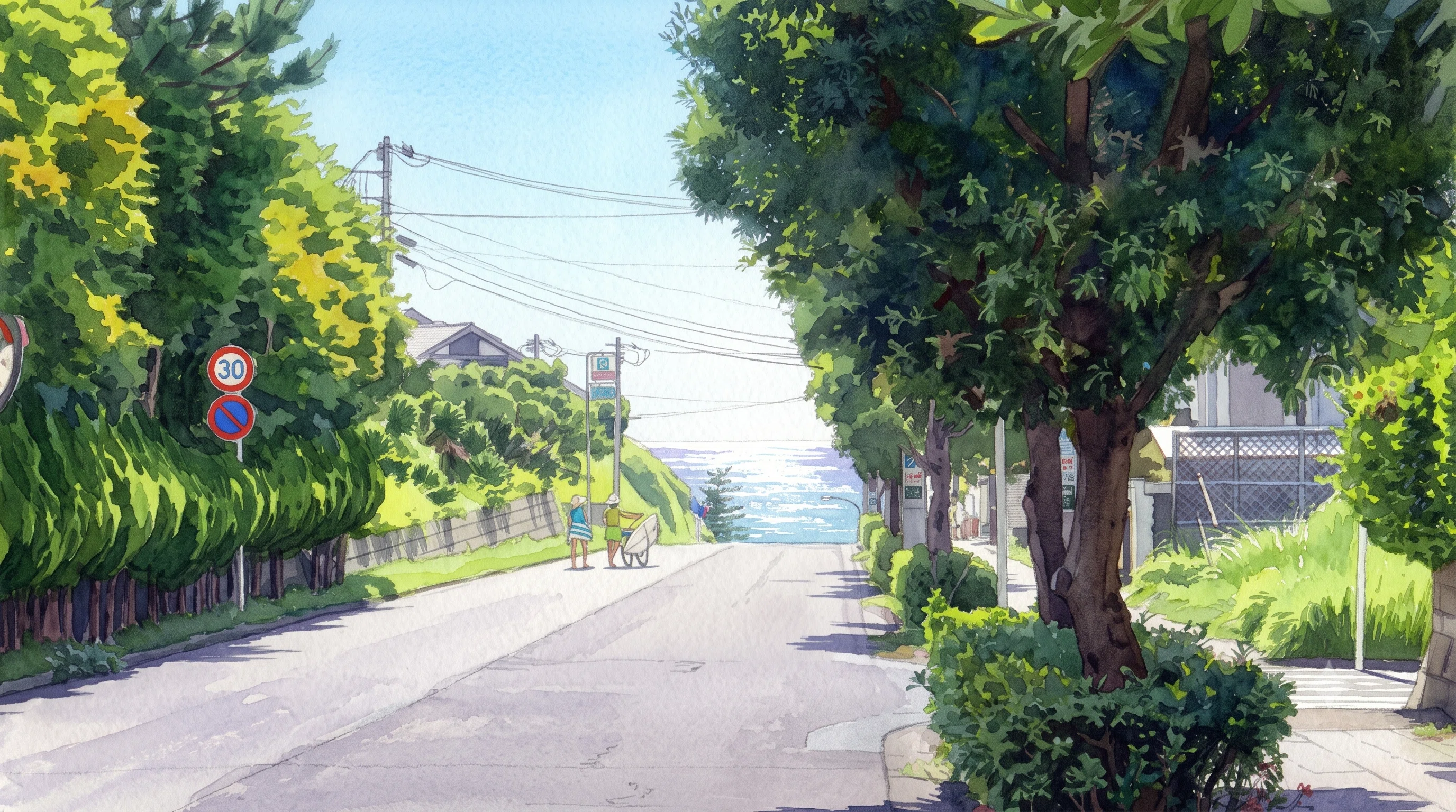 森雅之　水彩　原画「線路は続くよ」真作 チュートリアルR3:25]鎌倉 七里ヶ浜の海:水彩画《基本スタイル》WCH-R3
