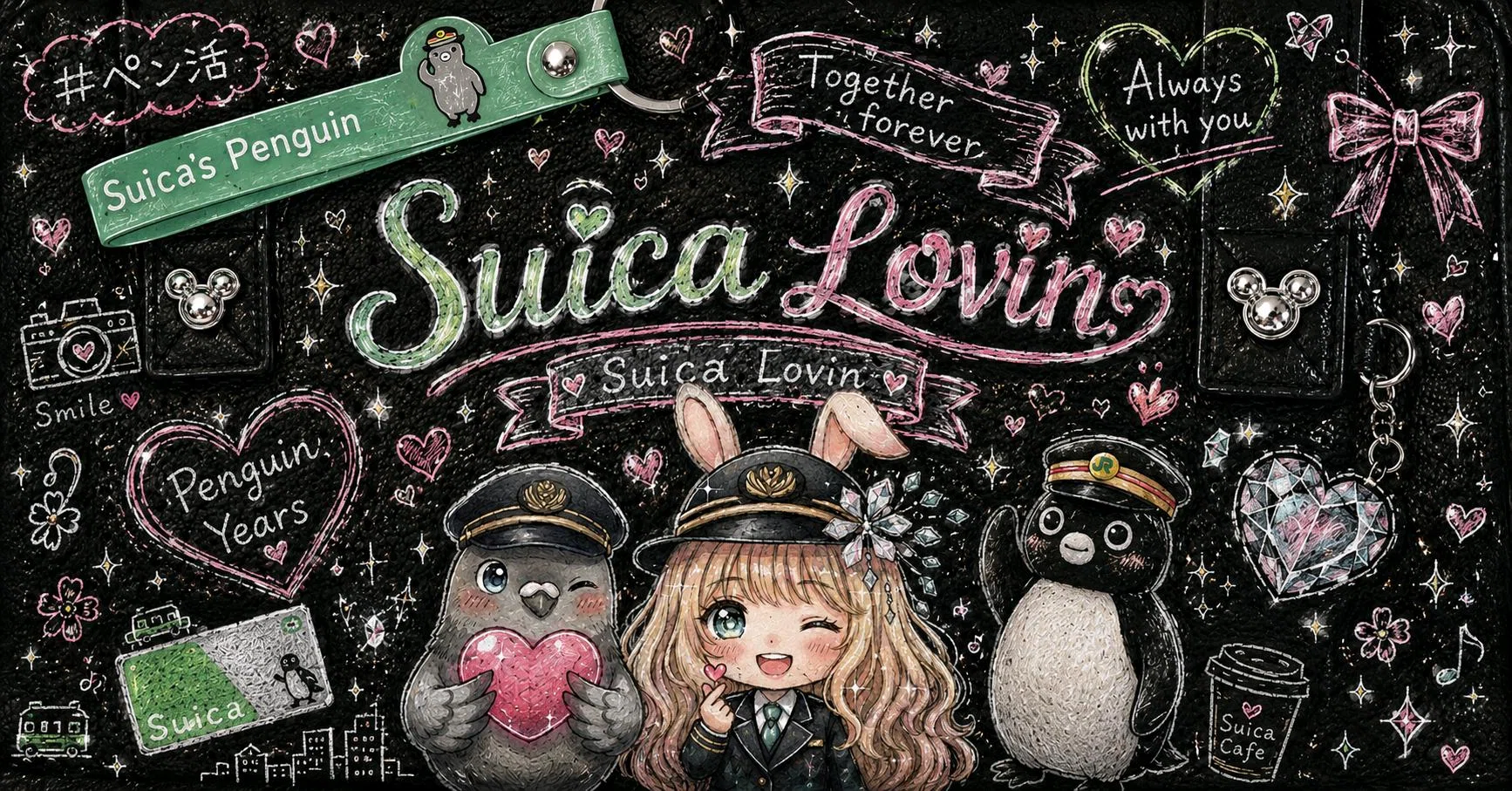 黒板アート風に描かれたSuica新キャラクター候補「SuicaLovin（スイカラヴィン）」と卒業するSuicaのペンギンの推し活コラボイラスト　SuicaLovinとSuicaのペンギンの3ショット📸黒板アート風・手書き風に🎨💕🕊️🐇🐧 Suicaの新キャラ候補『Suica Lovin』のペン活日記🐧🐇🕊️💖🌸🍀 #推し活  <a target=
