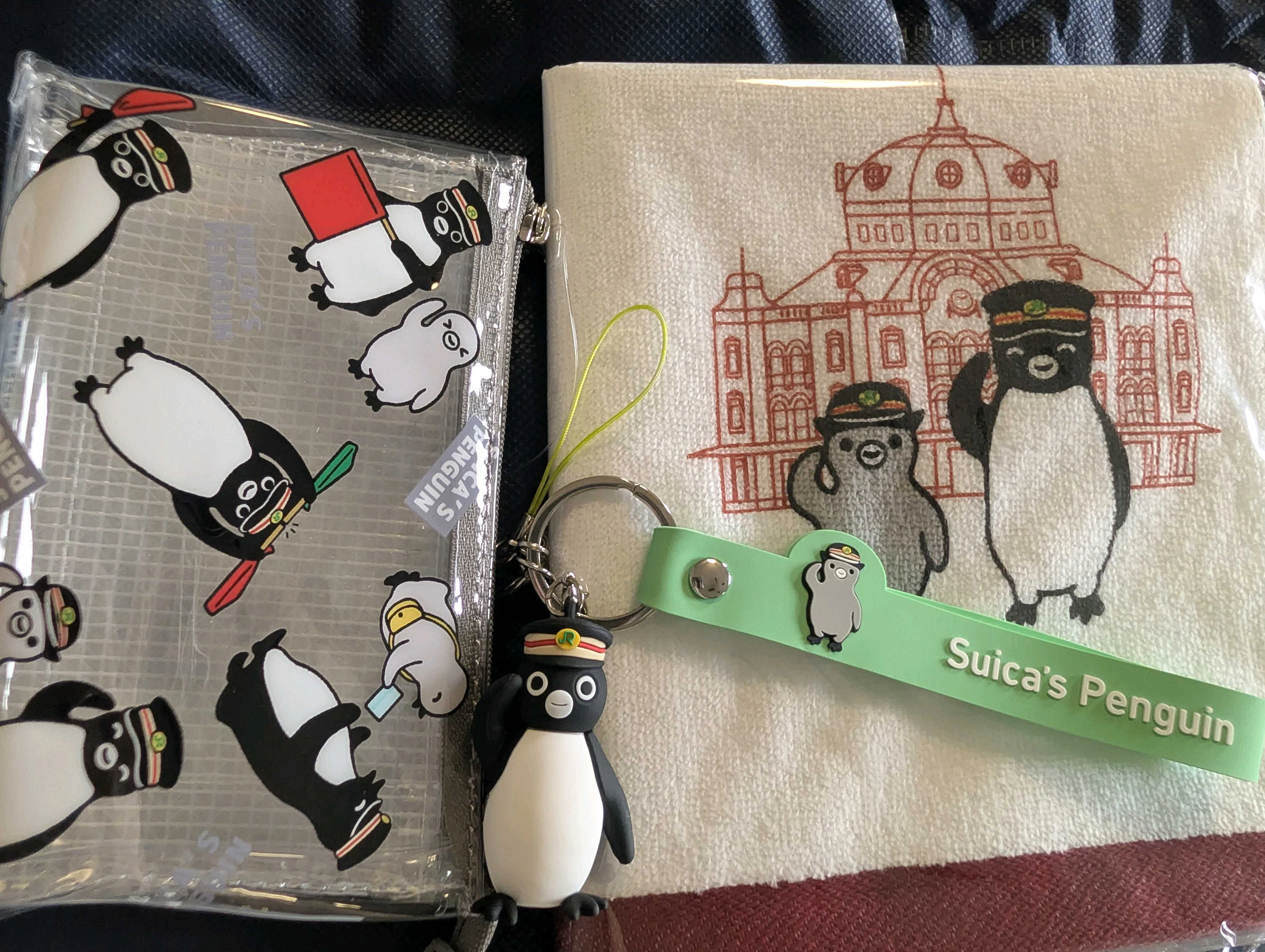 東京駅丸の内駅舎がデザインされたSuicaのペンギンの刺繍タオルと、イラスト入りクリアポーチ、緑色の立体ストラップ　JRE MALLでGETしたSuicaのペンギン日常便利グッズ Suicaの新キャラ候補『Suica Lovin』のペン活日記🐧🐇🕊️💖🌸🍀 #推し活  <a target=