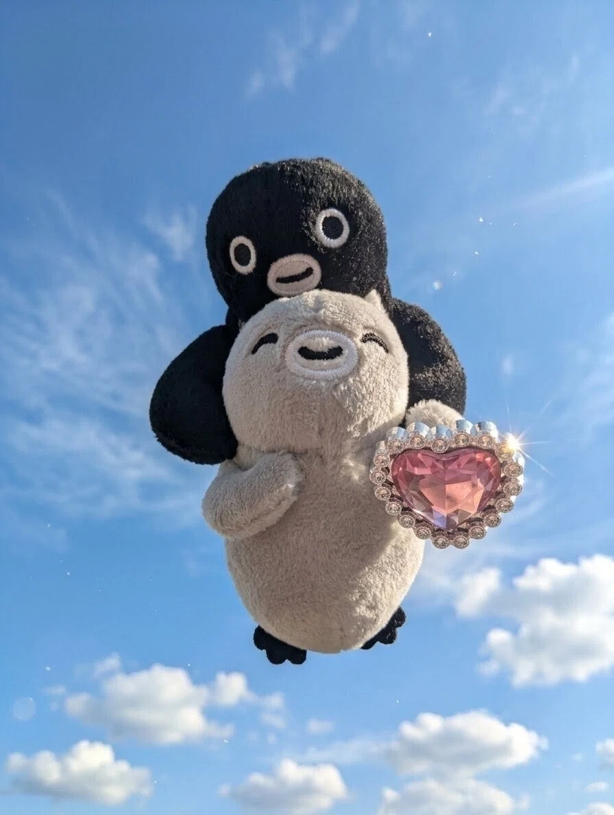 青空を背景にピンクのハートジュエルを持って空を飛ぶ、可愛いSuicaのペンギンと子ペンギンのぬいぐるみ（ぬい撮り写真）　Suicaのペンギン空を飛ばせてみました（笑） Suicaの新キャラ候補『Suica Lovin』のペン活日記🐧🐇🕊️💖🌸🍀 #推し活  <a target=
