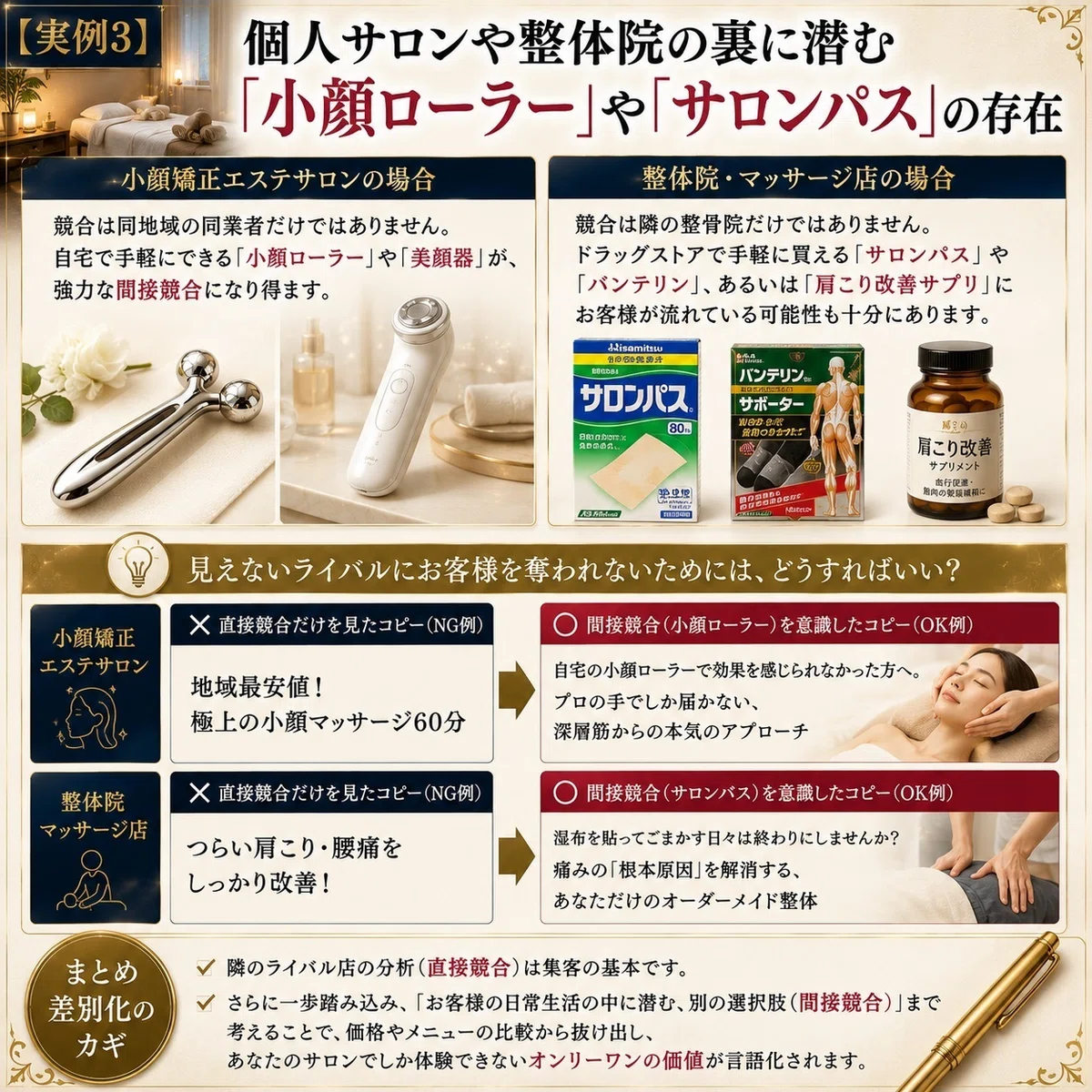 【実例3】個人サロンや整体院の裏に潜む「小顔ローラー」や「サロンパス」の存在