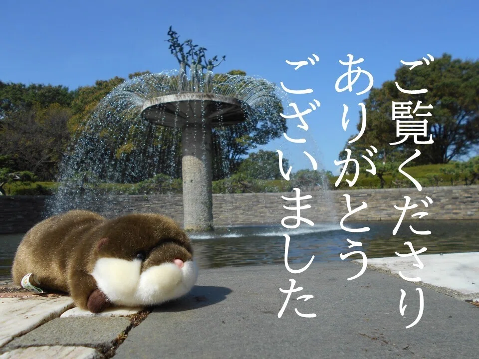 よく晴れた公園の、人の背丈より大きな噴水の前から、かわうそのぬいぐるみがお礼を申し上げます。お読みくださり、ありがとうございました。(撮影地・東京都・昭和記念公園)