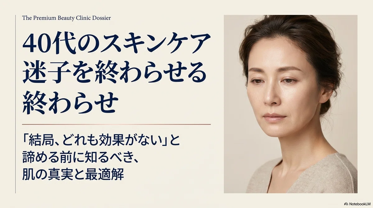 40代向けのスキンケア解説画像のバナー。「40代のスキンケア迷子を終わらせる終わらせ」「『結局、どれも効果がない』と諦める前に知るべき、肌の真実と最適解」というテキストと、落ち着いた表情の40代女性
