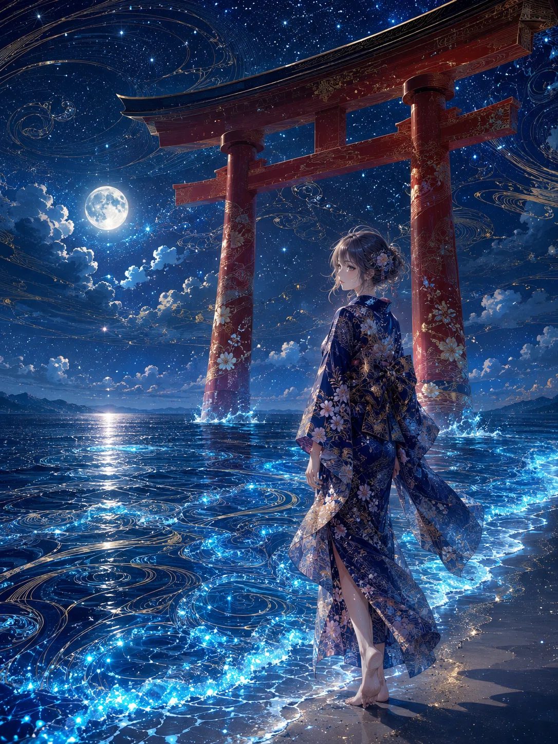 鳥居と波のアート作品 夜の海 あの日の青い波｜星猫
